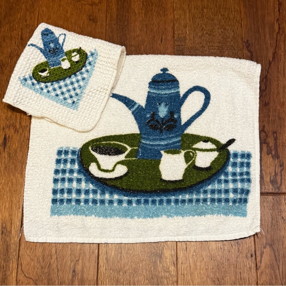 Vintage Cotton Blue Tea Kitchen Towel and Dishcloth Set
